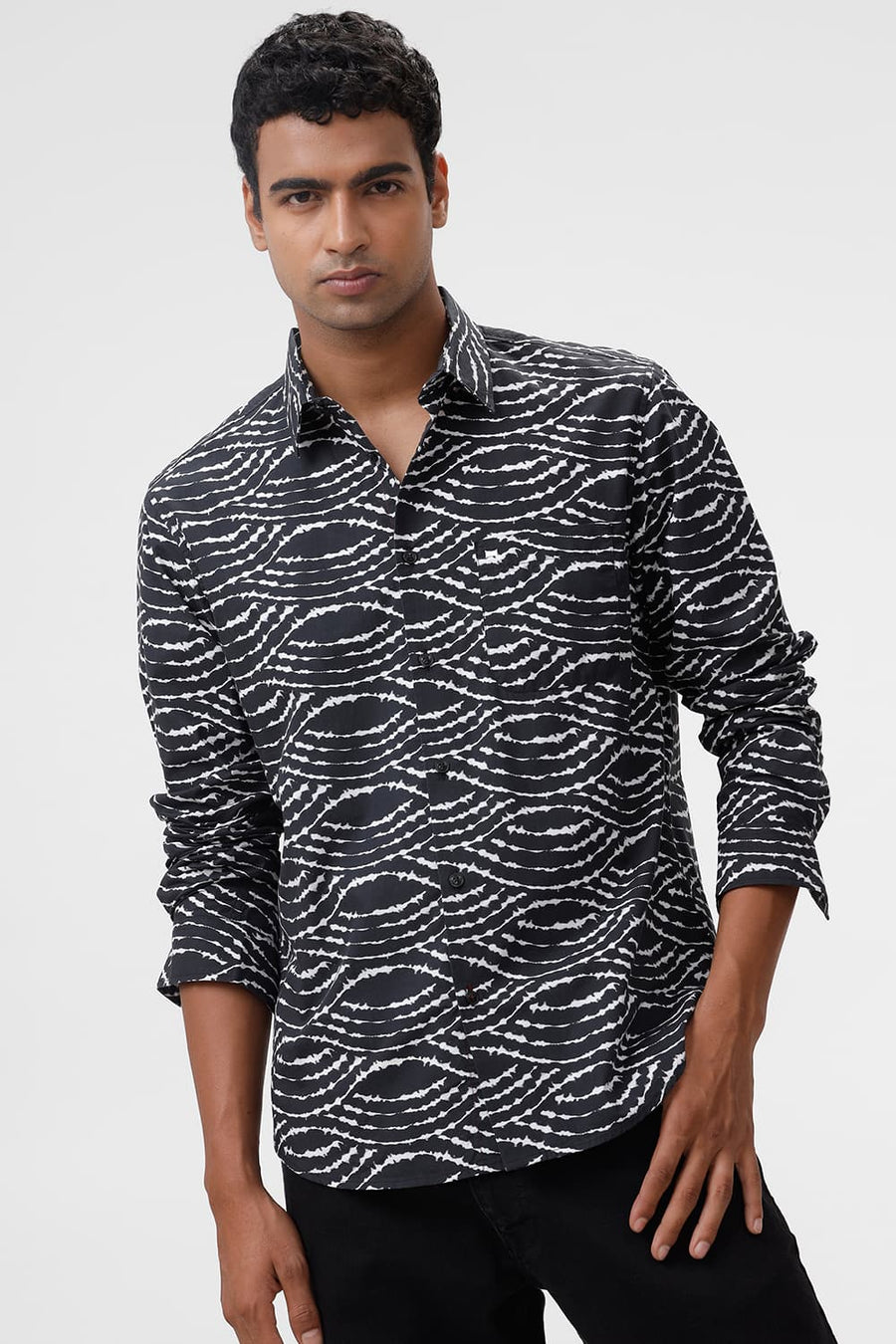 BASICS SLIM FIT BLACK SAND COTTON VISCOSE DIGITAL PRINTED SHIRT