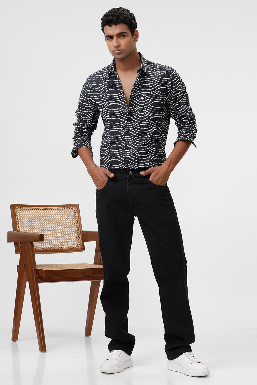 BASICS SLIM FIT BLACK SAND COTTON VISCOSE DIGITAL PRINTED SHIRT