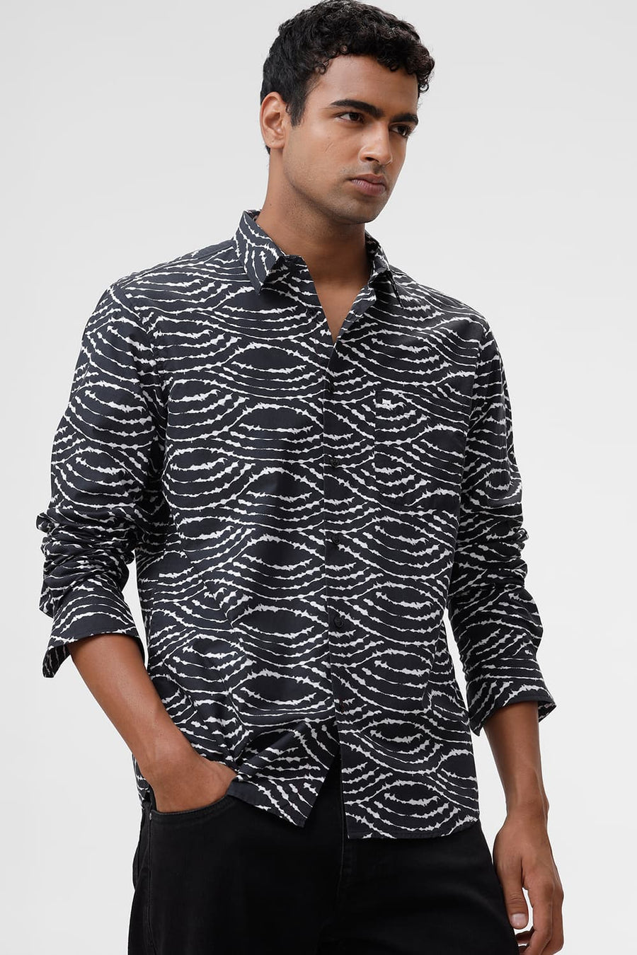 BASICS SLIM FIT BLACK SAND COTTON VISCOSE DIGITAL PRINTED SHIRT