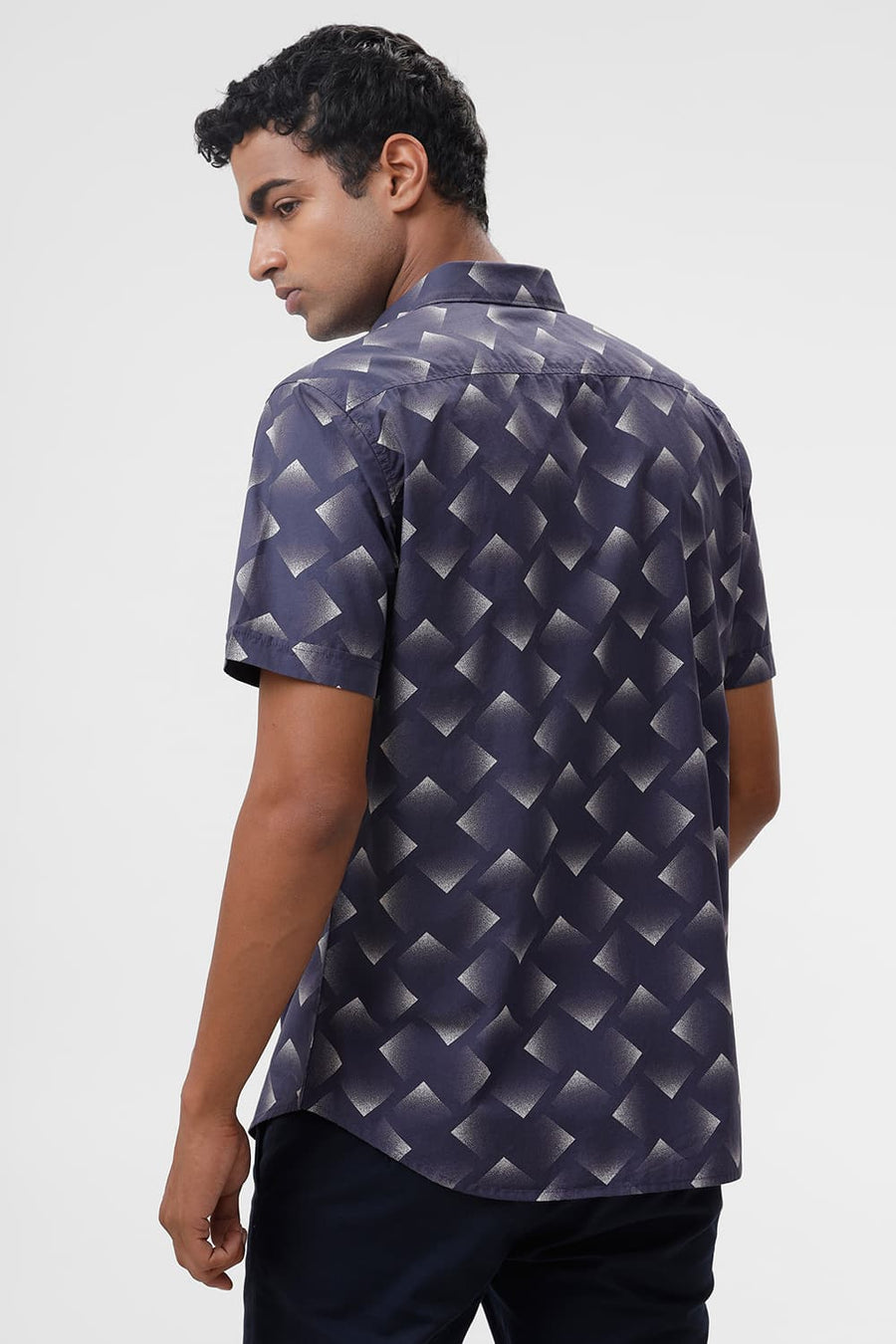 BASICS SLIM FIT NAVAL BLUE COTTON VISCOSE DIGITAL PRINTED HALFSLEEVES SHIRT