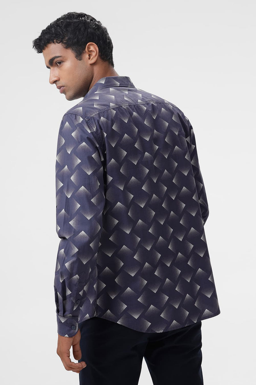 BASICS SLIM FIT NAVAL BLUE COTTON VISCOSE DIGITAL PRINTED SHIRT