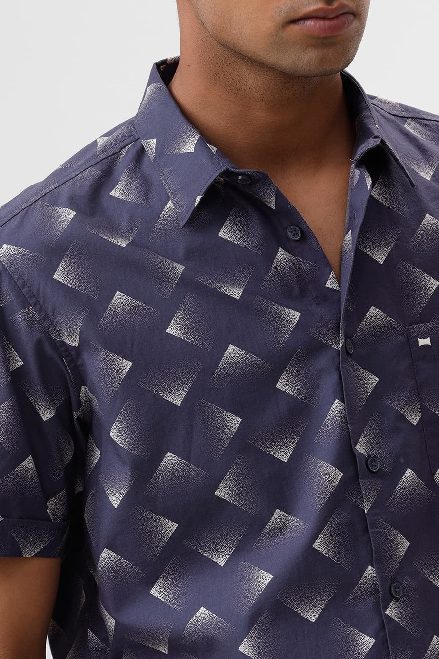 BASICS SLIM FIT NAVAL BLUE COTTON VISCOSE DIGITAL PRINTED HALFSLEEVES SHIRT