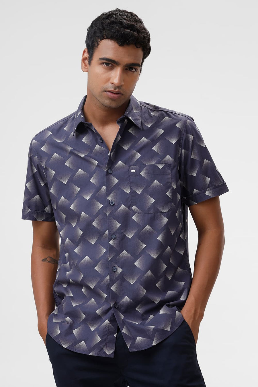 BASICS SLIM FIT NAVAL BLUE COTTON VISCOSE DIGITAL PRINTED HALFSLEEVES SHIRT