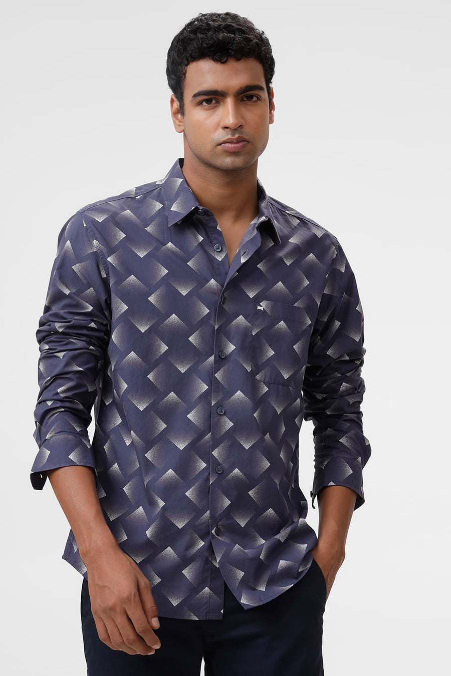 BASICS SLIM FIT NAVAL BLUE COTTON VISCOSE DIGITAL PRINTED SHIRT
