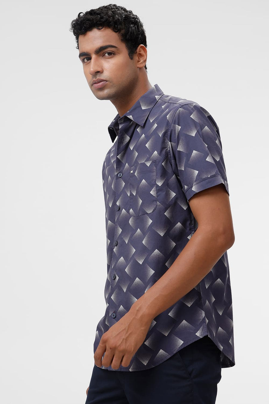 BASICS SLIM FIT NAVAL BLUE COTTON VISCOSE DIGITAL PRINTED HALFSLEEVES SHIRT