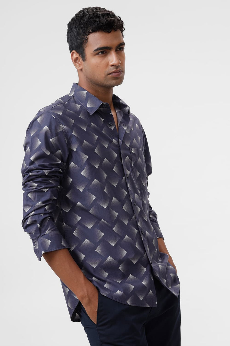BASICS SLIM FIT NAVAL BLUE COTTON VISCOSE DIGITAL PRINTED SHIRT