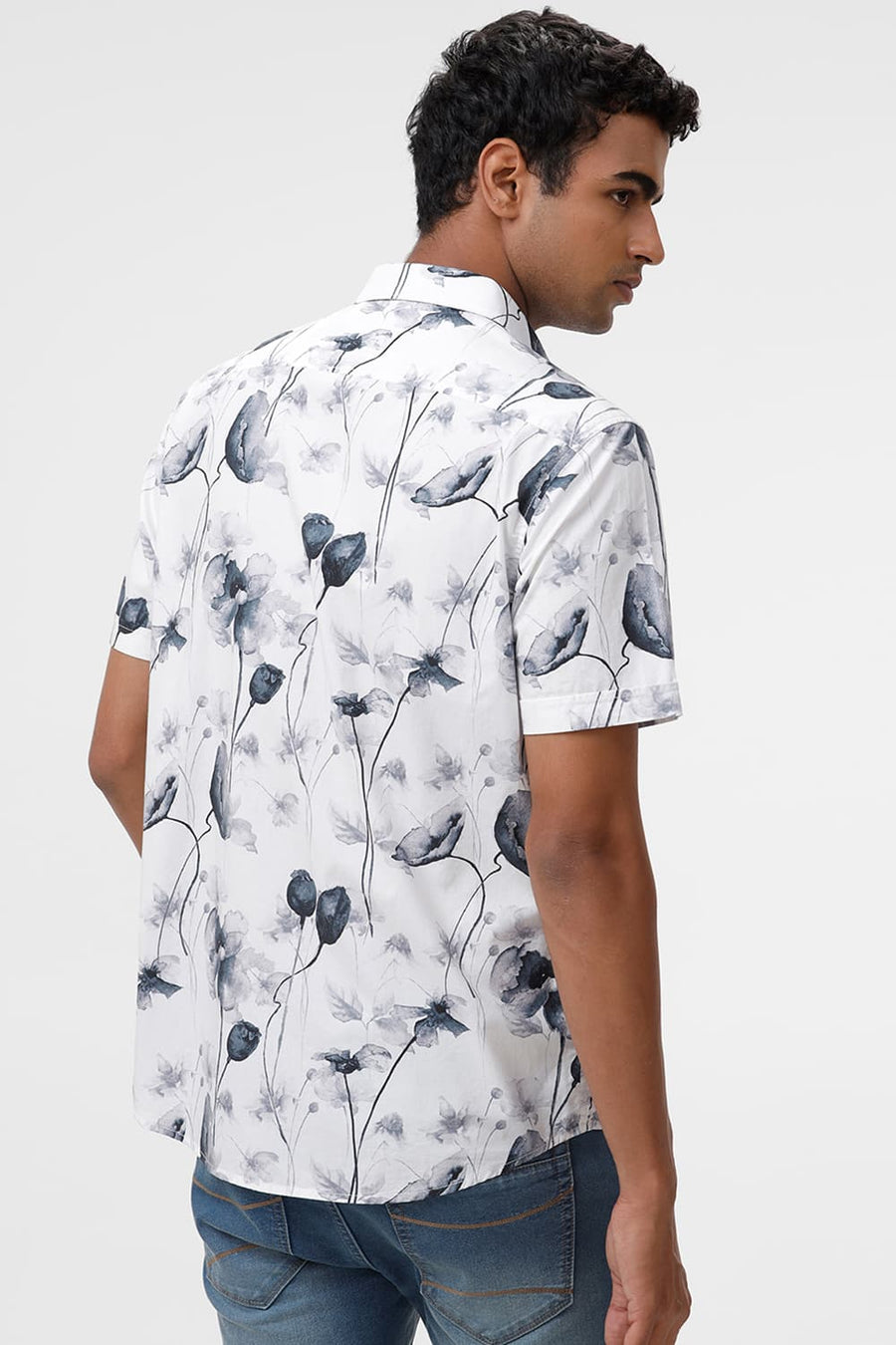 BASICS SLIM FIT BRILLIANT WHITE COTTON VISCOSE DIGITAL PRINTED HALFSLEEVES SHIRT