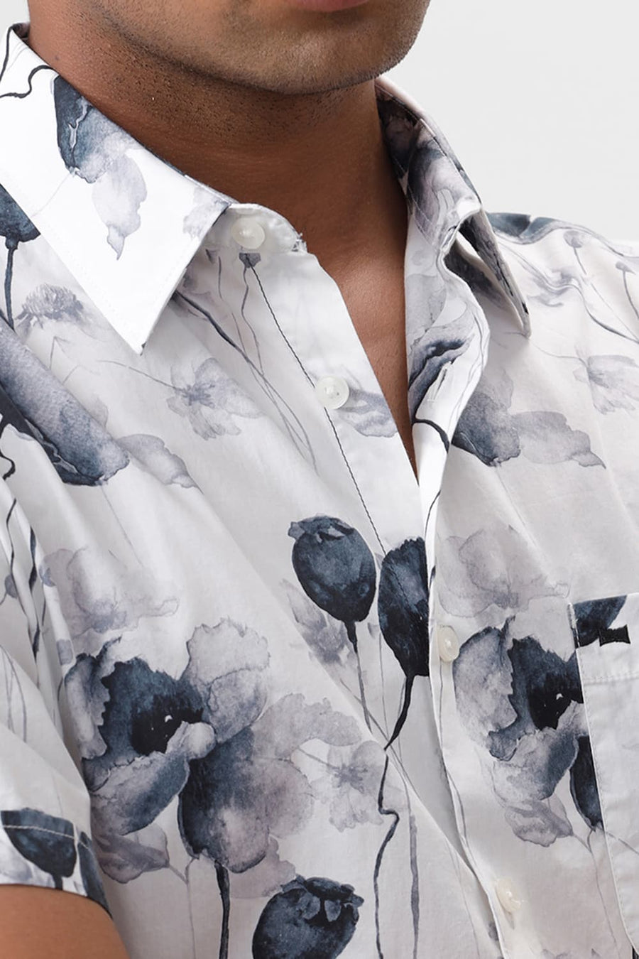 BASICS SLIM FIT BRILLIANT WHITE COTTON VISCOSE DIGITAL PRINTED HALFSLEEVES SHIRT