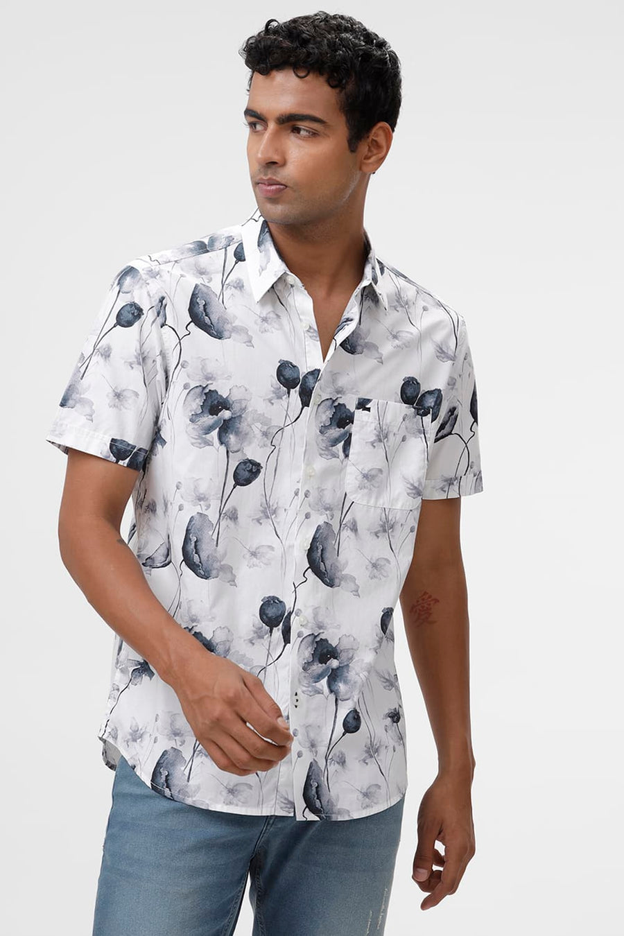 BASICS SLIM FIT BRILLIANT WHITE COTTON VISCOSE DIGITAL PRINTED HALFSLEEVES SHIRT