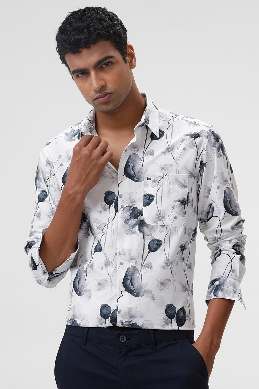 BASICS SLIM FIT BRILLIANT WHITE COTTON VISCOSE DIGITAL PRINTED SHIRT