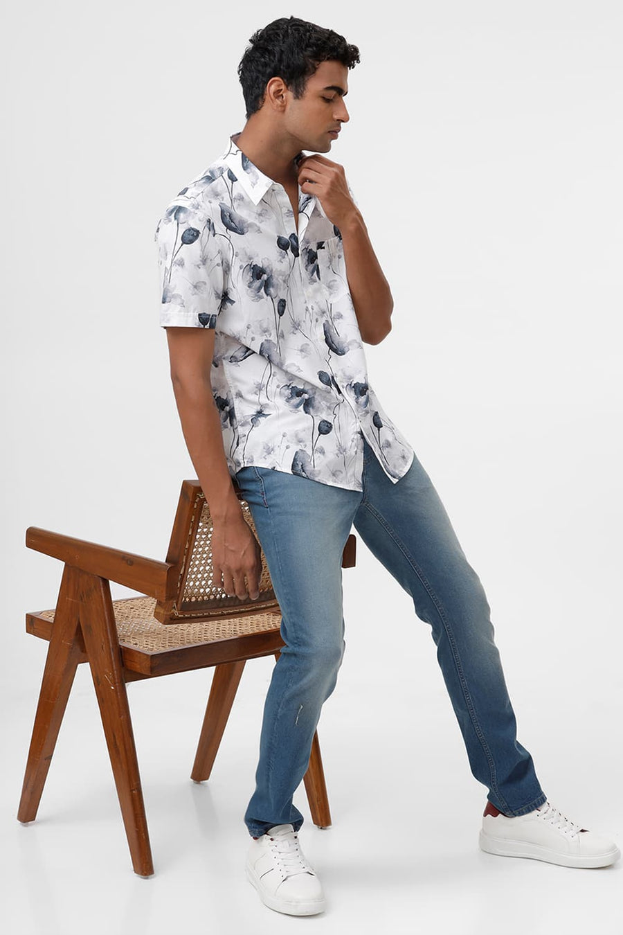 BASICS SLIM FIT BRILLIANT WHITE COTTON VISCOSE DIGITAL PRINTED HALFSLEEVES SHIRT