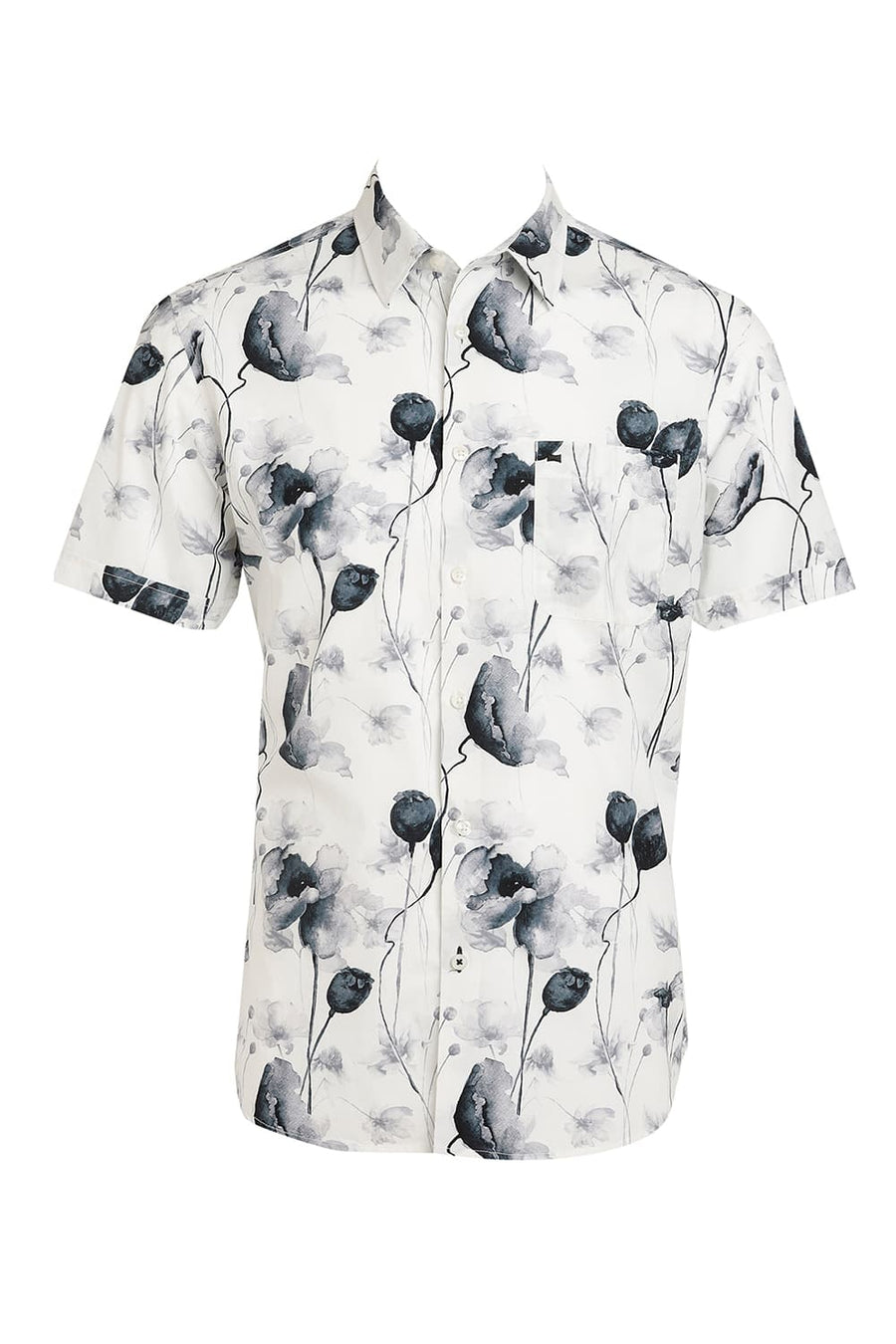 BASICS SLIM FIT BRILLIANT WHITE COTTON VISCOSE DIGITAL PRINTED HALFSLEEVES SHIRT