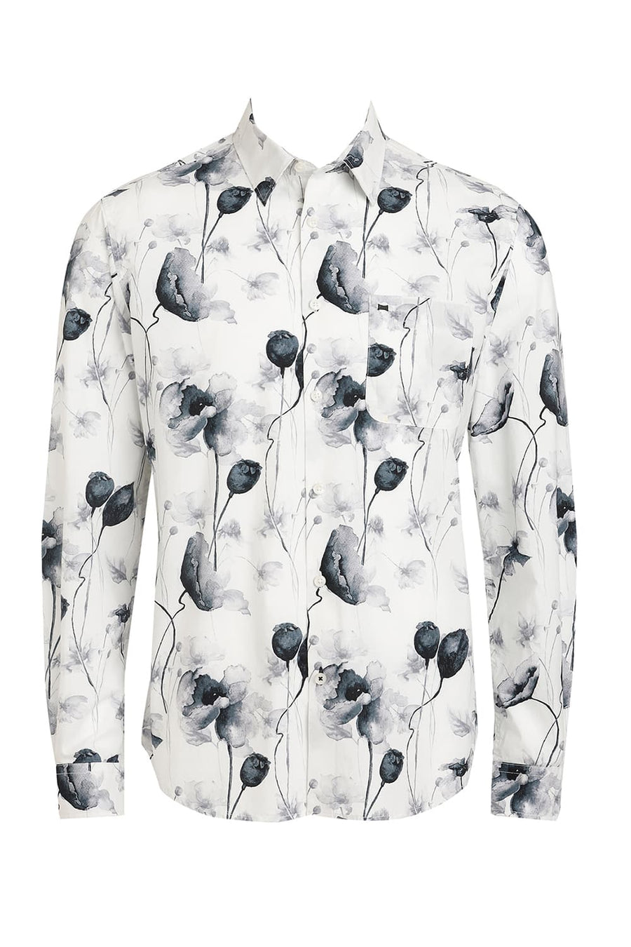 BASICS SLIM FIT BRILLIANT WHITE COTTON VISCOSE DIGITAL PRINTED SHIRT