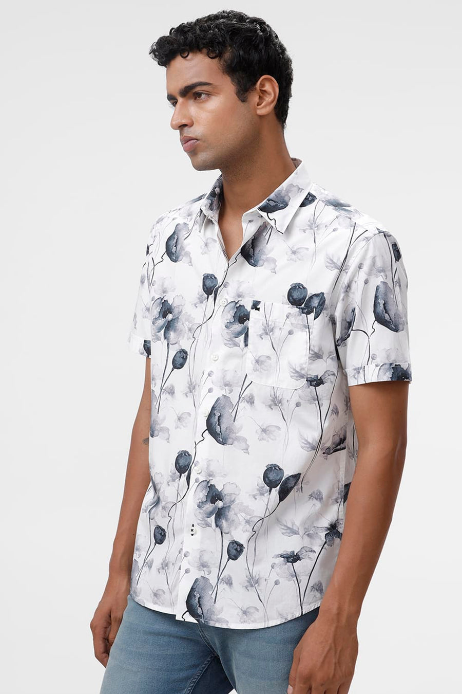 BASICS SLIM FIT BRILLIANT WHITE COTTON VISCOSE DIGITAL PRINTED HALFSLEEVES SHIRT