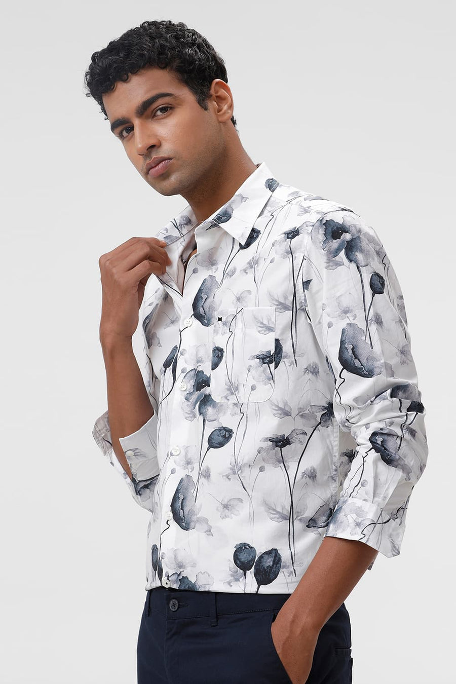 BASICS SLIM FIT BRILLIANT WHITE COTTON VISCOSE DIGITAL PRINTED SHIRT