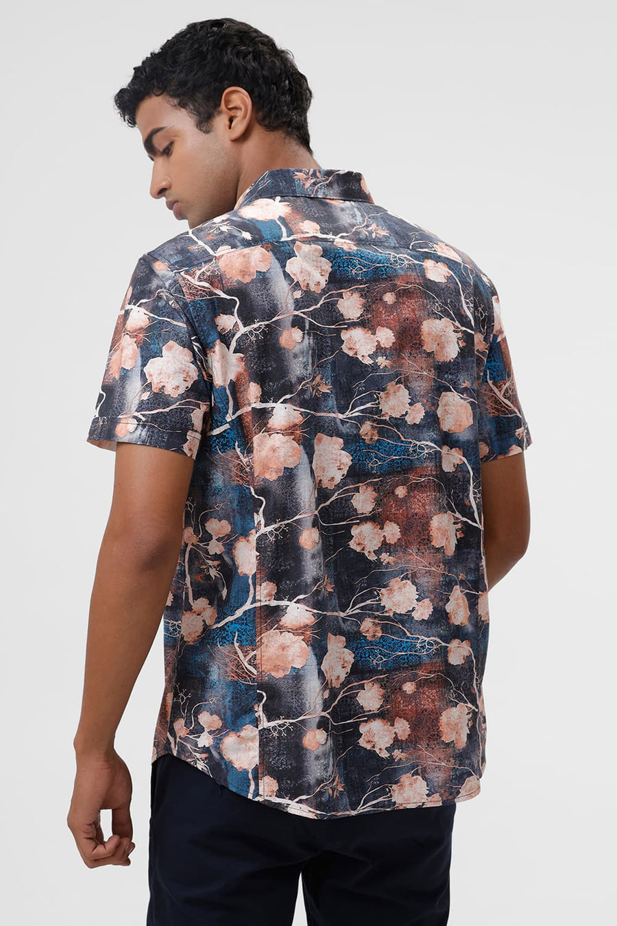 BASICS SLIM FIT OVER TURE BLUE COTTON VISCOSE DIGITAL PRINTED HALFSLEEVES SHIRT