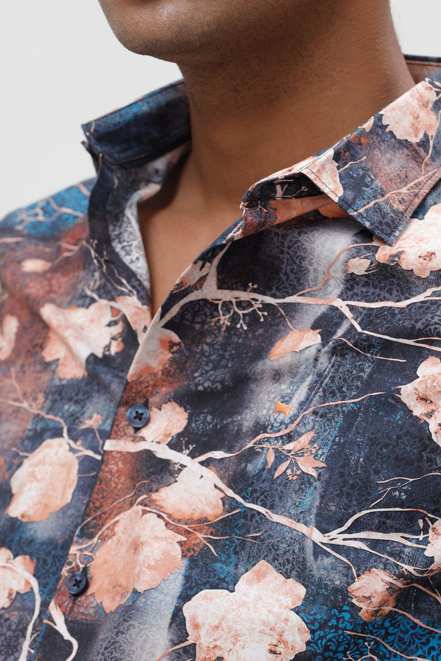 BASICS SLIM FIT OVER TURE BLUE COTTON VISCOSE DIGITAL PRINTED HALFSLEEVES SHIRT