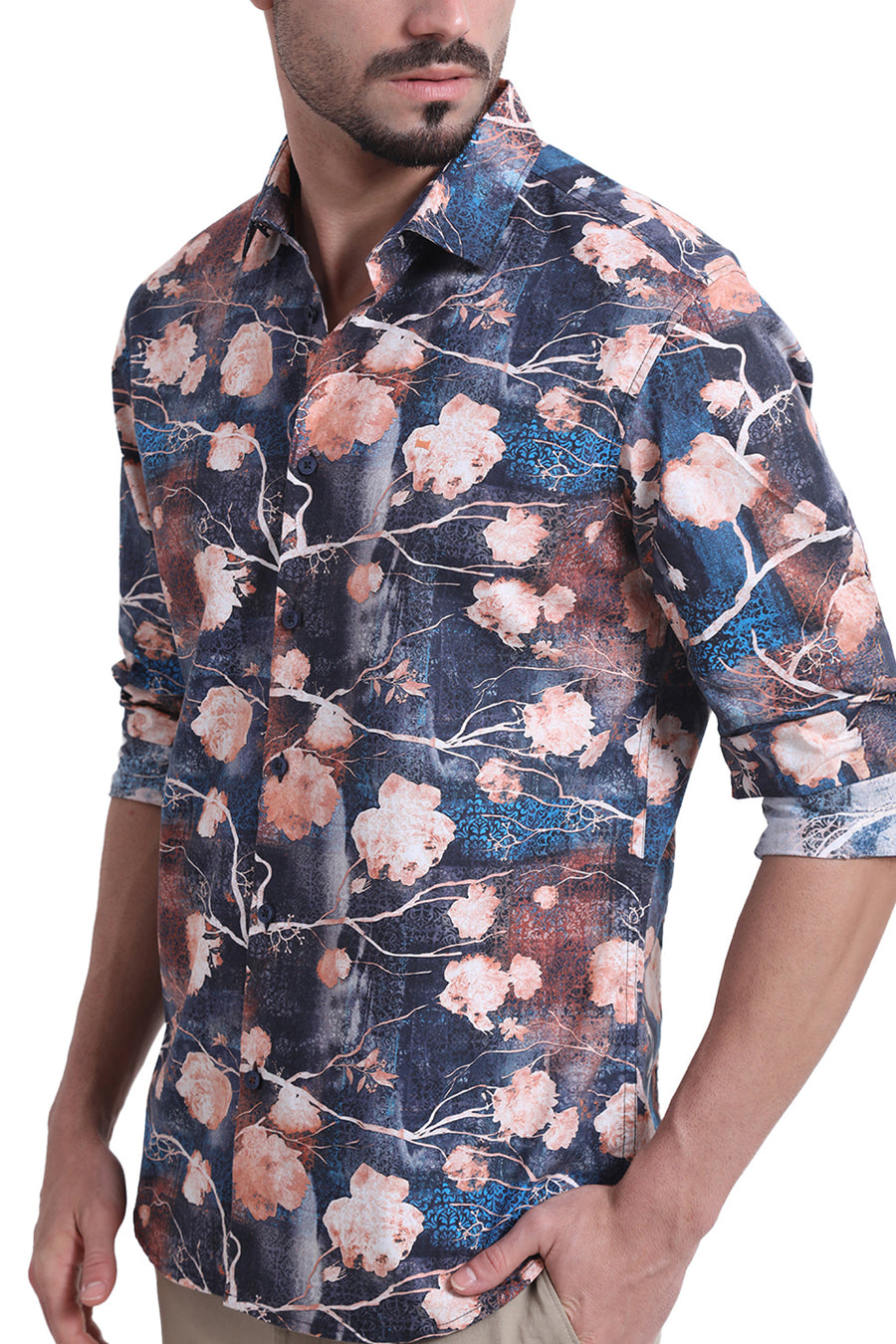 BASICS SLIM FIT OVER TURE BLUE COTTON VISCOSE DIGITAL PRINTED SHIRT