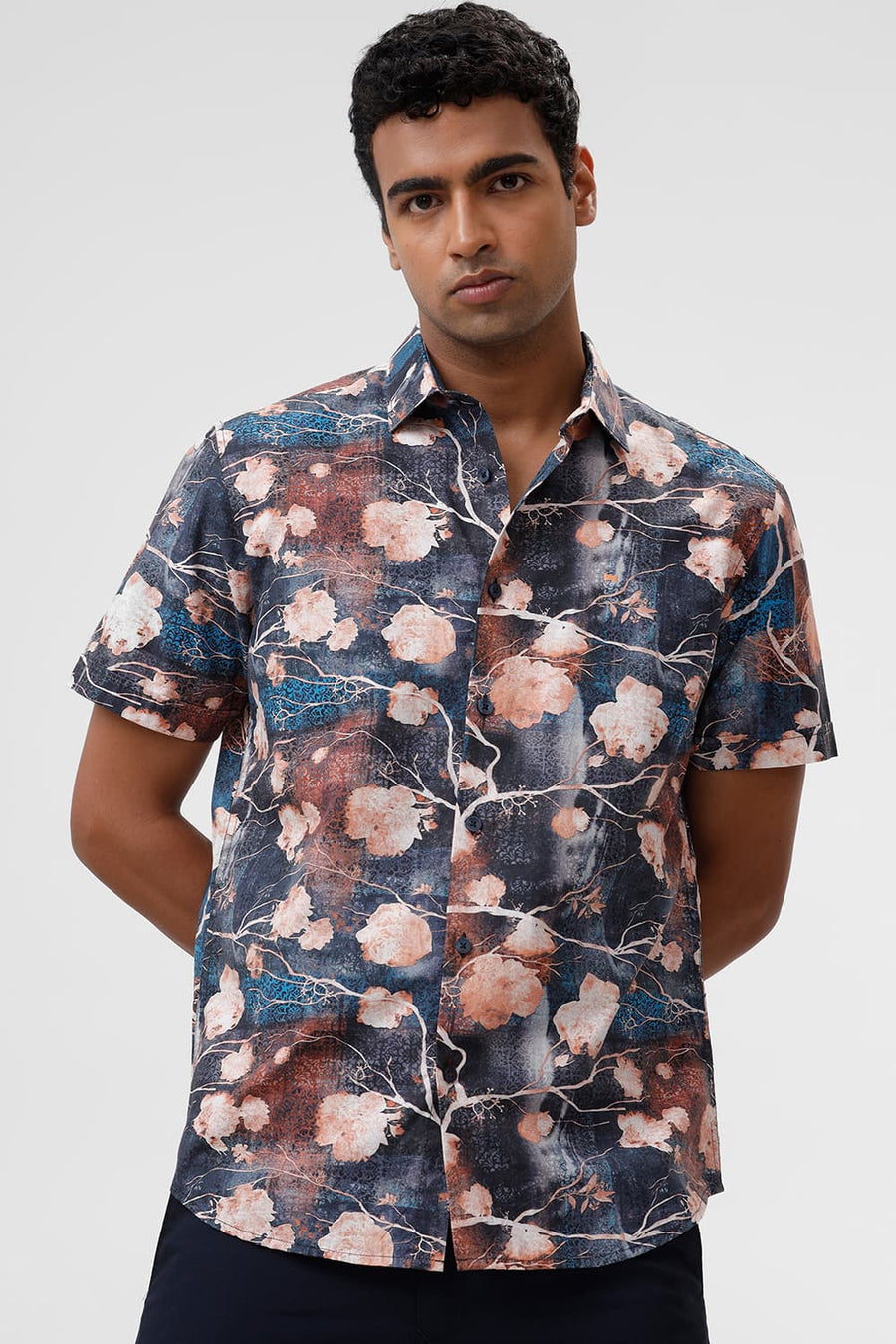 BASICS SLIM FIT OVER TURE BLUE COTTON VISCOSE DIGITAL PRINTED HALFSLEEVES SHIRT