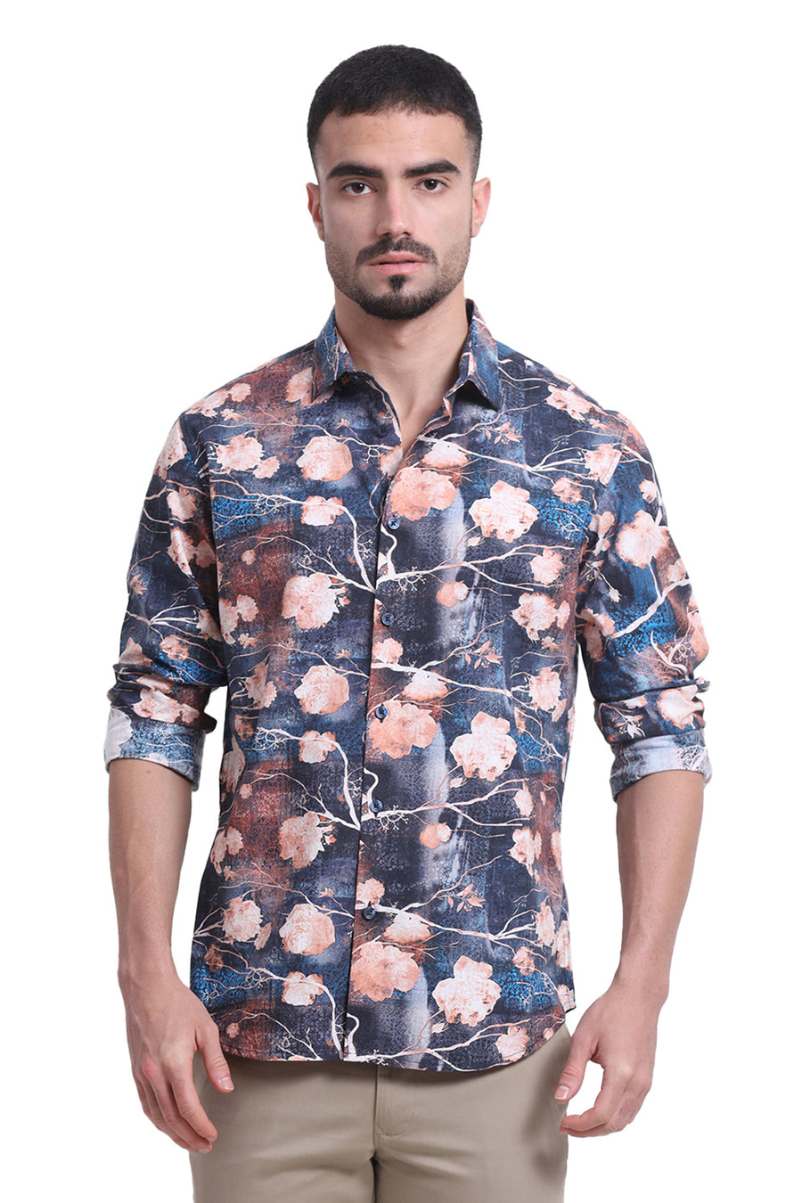 BASICS SLIM FIT OVER TURE BLUE COTTON VISCOSE DIGITAL PRINTED SHIRT