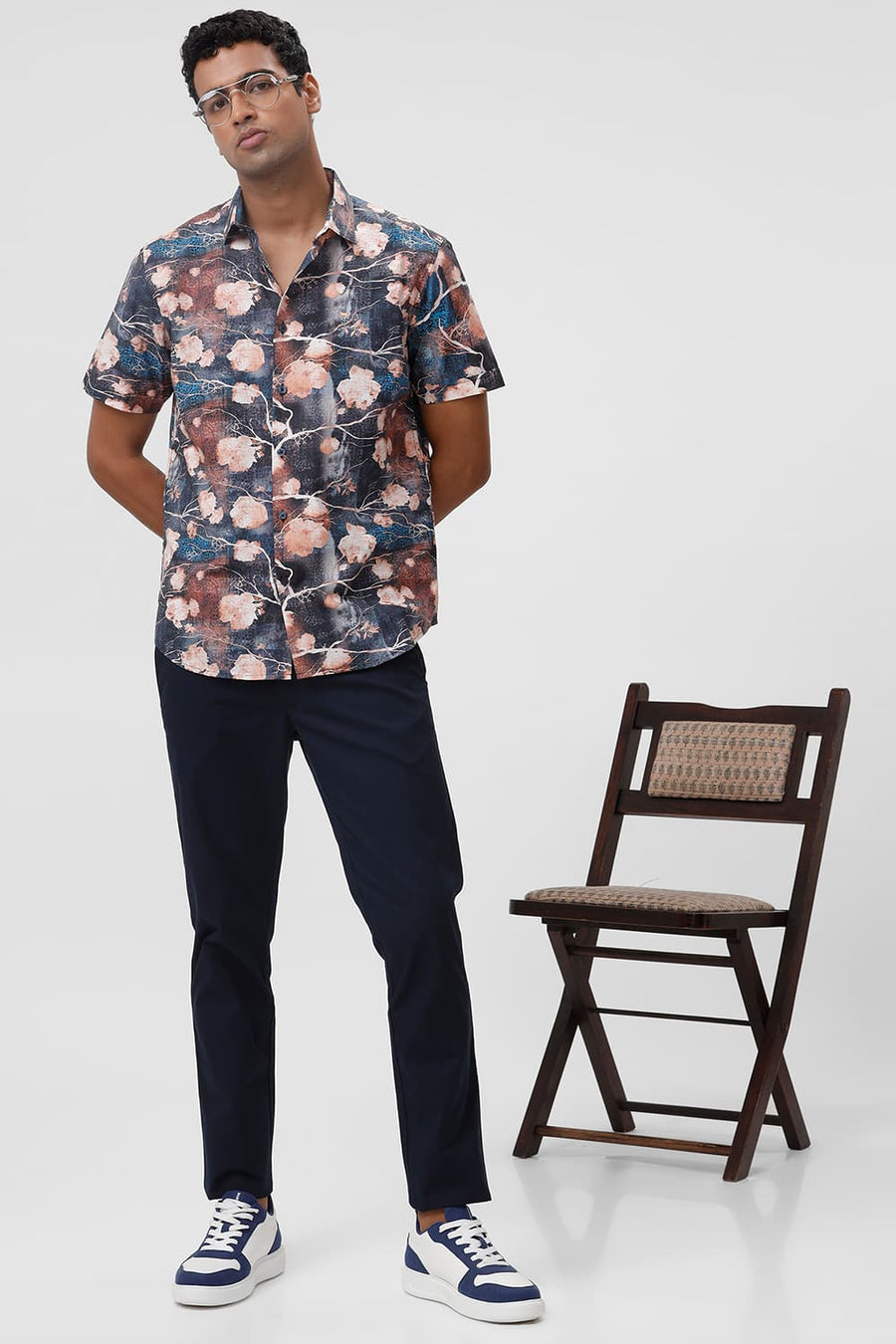 BASICS SLIM FIT OVER TURE BLUE COTTON VISCOSE DIGITAL PRINTED HALFSLEEVES SHIRT