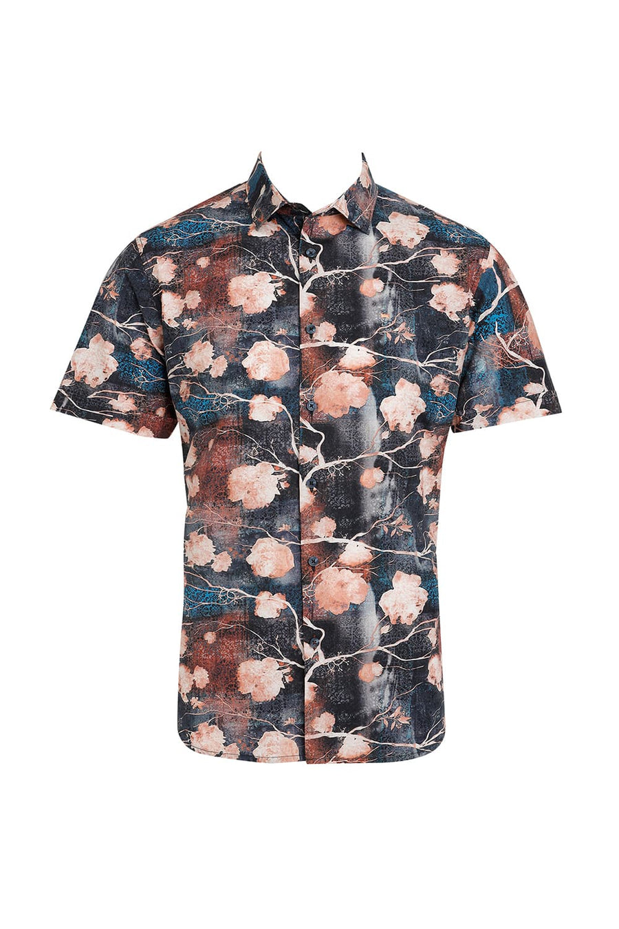 BASICS SLIM FIT OVER TURE BLUE COTTON VISCOSE DIGITAL PRINTED HALFSLEEVES SHIRT