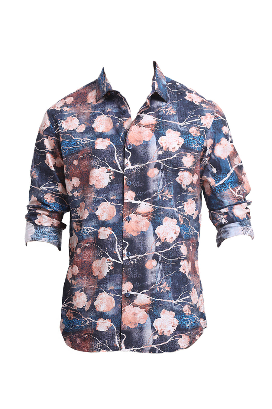 BASICS SLIM FIT OVER TURE BLUE COTTON VISCOSE DIGITAL PRINTED SHIRT