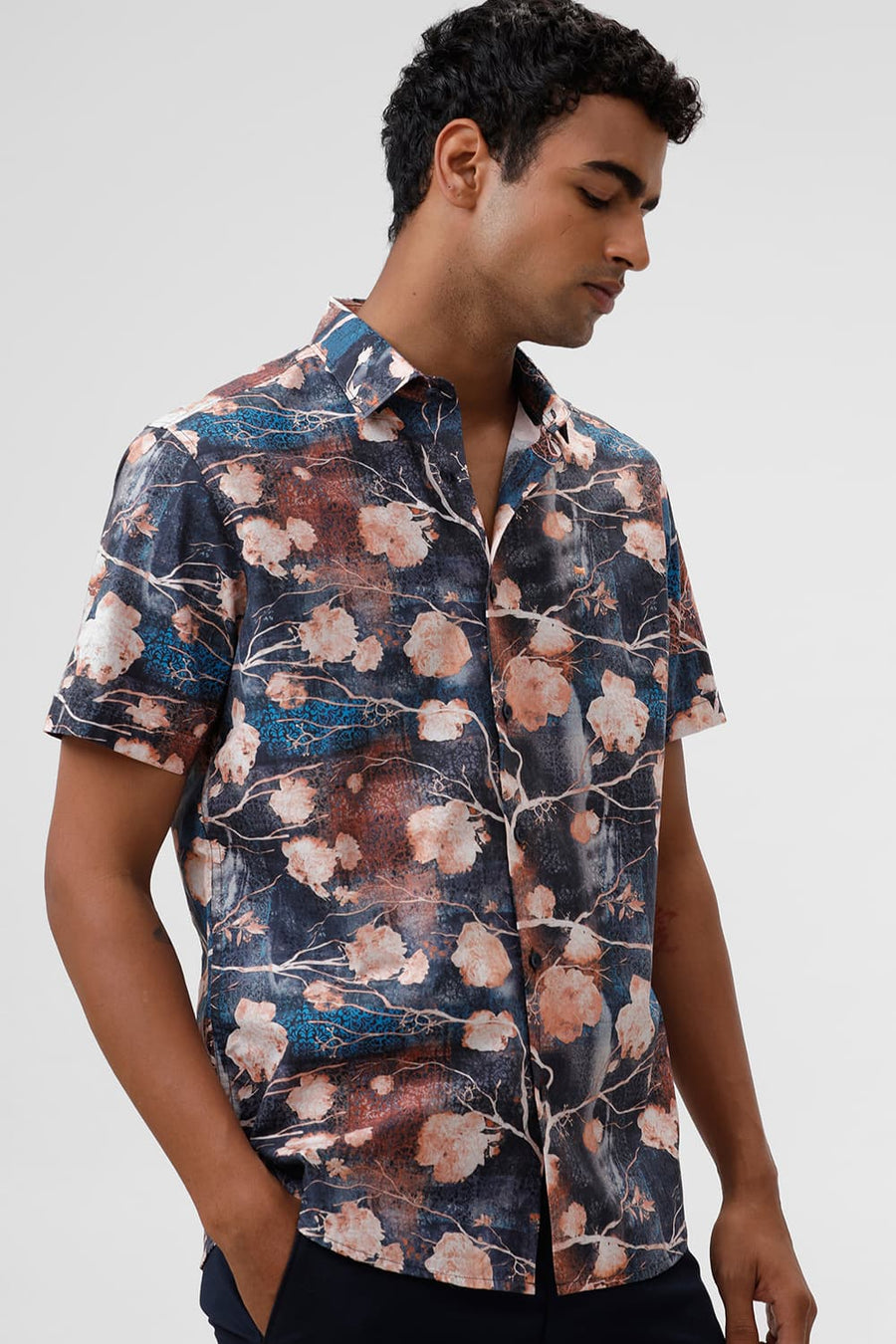 BASICS SLIM FIT OVER TURE BLUE COTTON VISCOSE DIGITAL PRINTED HALFSLEEVES SHIRT