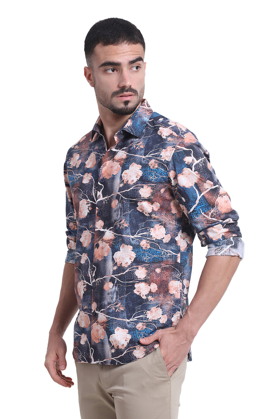 BASICS SLIM FIT OVER TURE BLUE COTTON VISCOSE DIGITAL PRINTED SHIRT