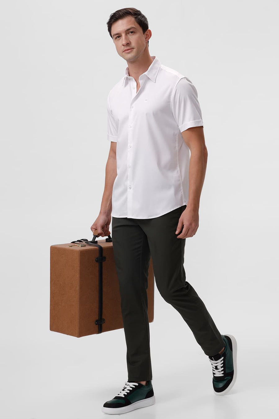 BASICS SLIM FIT LUCENT WHITE BAMBOO POLYESTER STRETCH HALFSLEEVES SHIRT