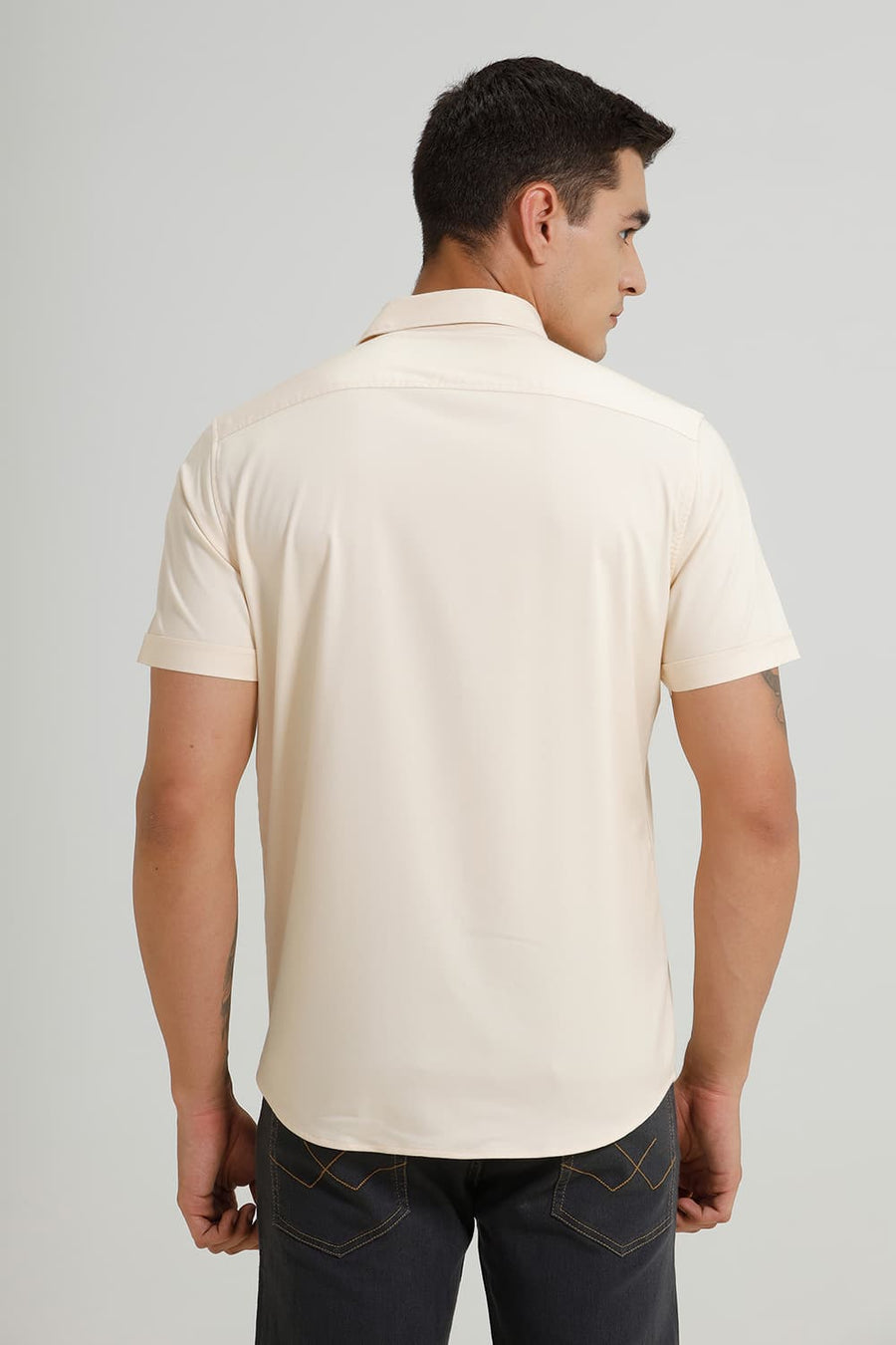 BASICS SLIM FIT BEIGE SHORT BREAD BAMBOO POLYESTER STRETCH HALFSLEEVES SHIRT