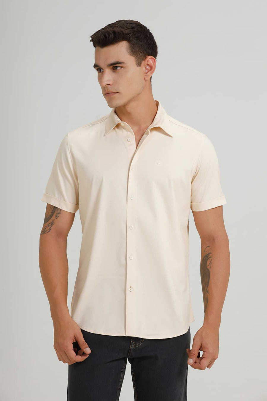 BASICS SLIM FIT BEIGE SHORT BREAD BAMBOO POLYESTER STRETCH HALFSLEEVES SHIRT