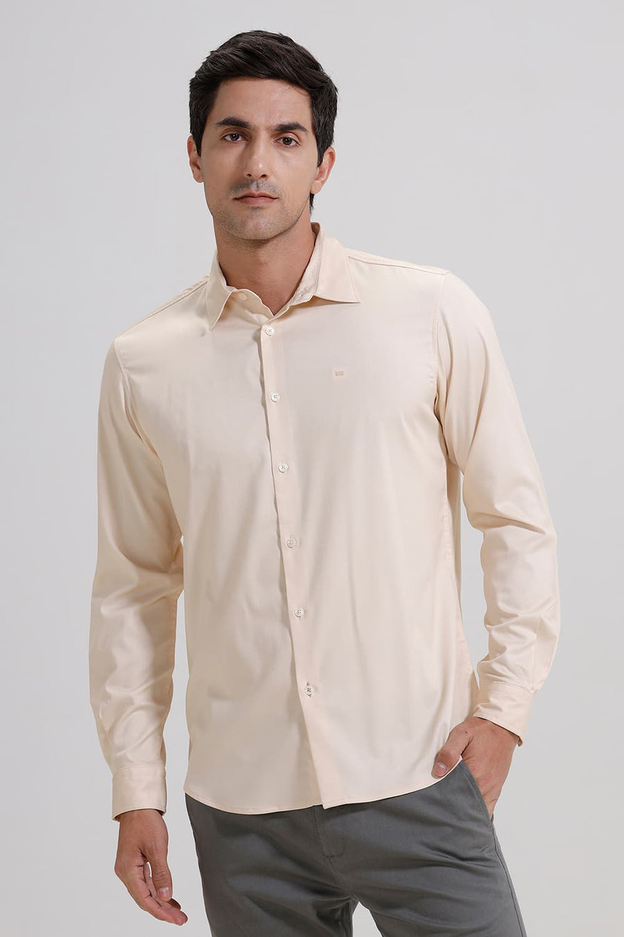 BASICS SLIM FIT BEIGE SHORT BREAD BAMBOO POLYESTER STRETCH SHIRT
