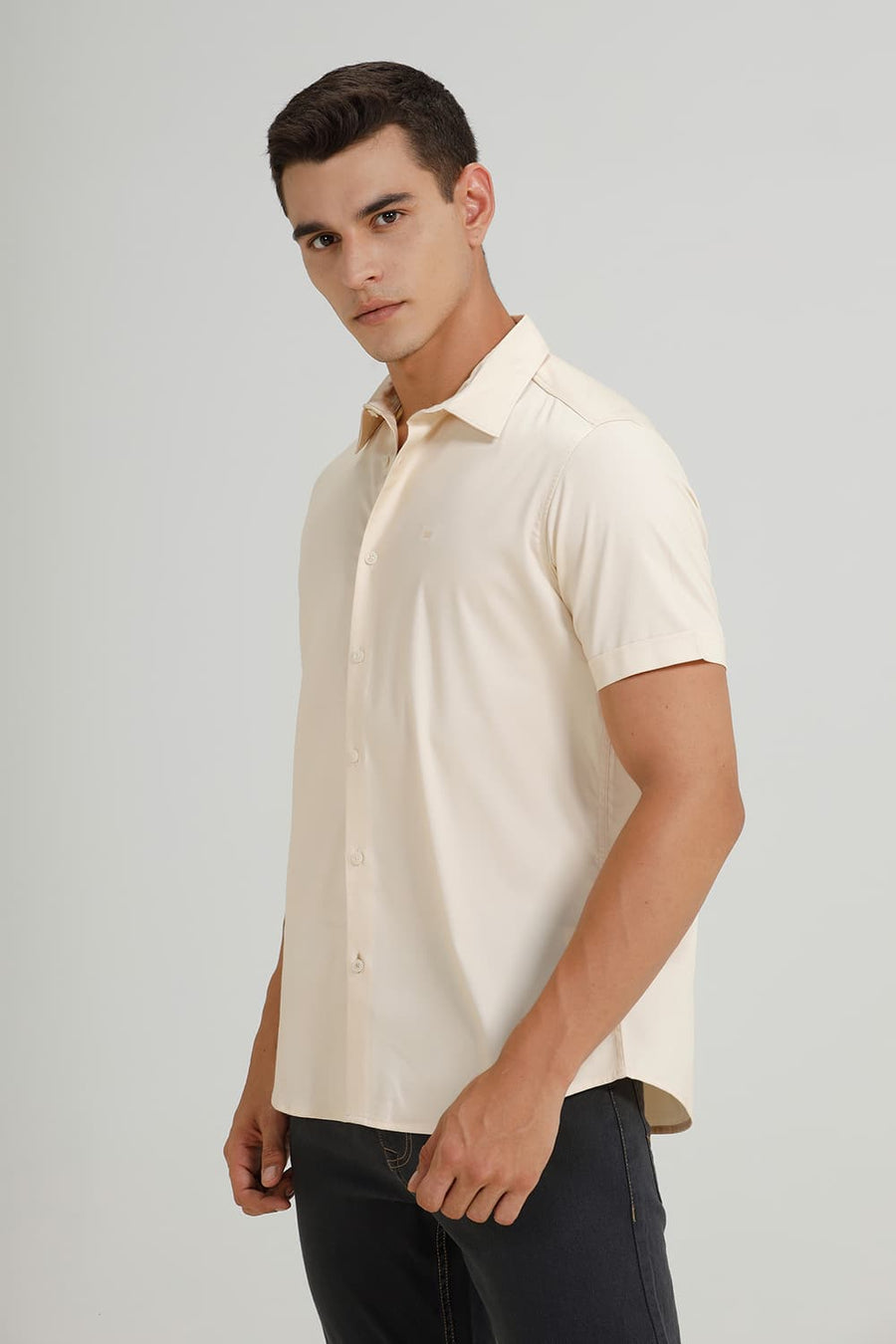 BASICS SLIM FIT BEIGE SHORT BREAD BAMBOO POLYESTER STRETCH HALFSLEEVES SHIRT