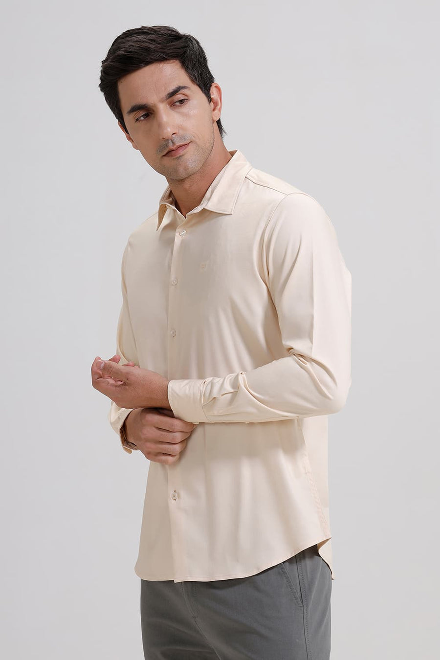 BASICS SLIM FIT BEIGE SHORT BREAD BAMBOO POLYESTER STRETCH SHIRT