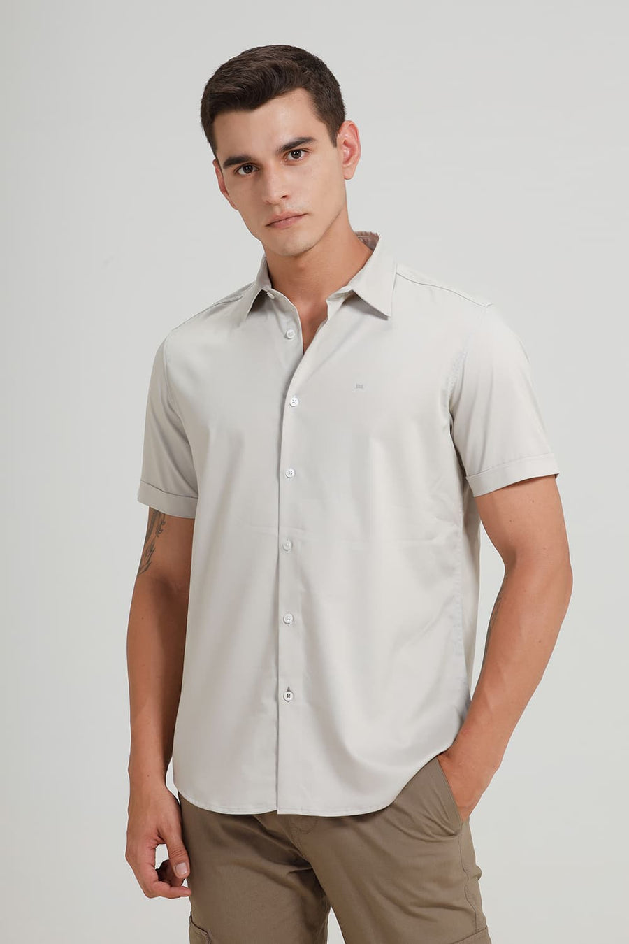 BASICS SLIM FIT MOONSTRUCK GREY BAMBOO POLYESTER STRETCH HALFSLEEVES SHIRT