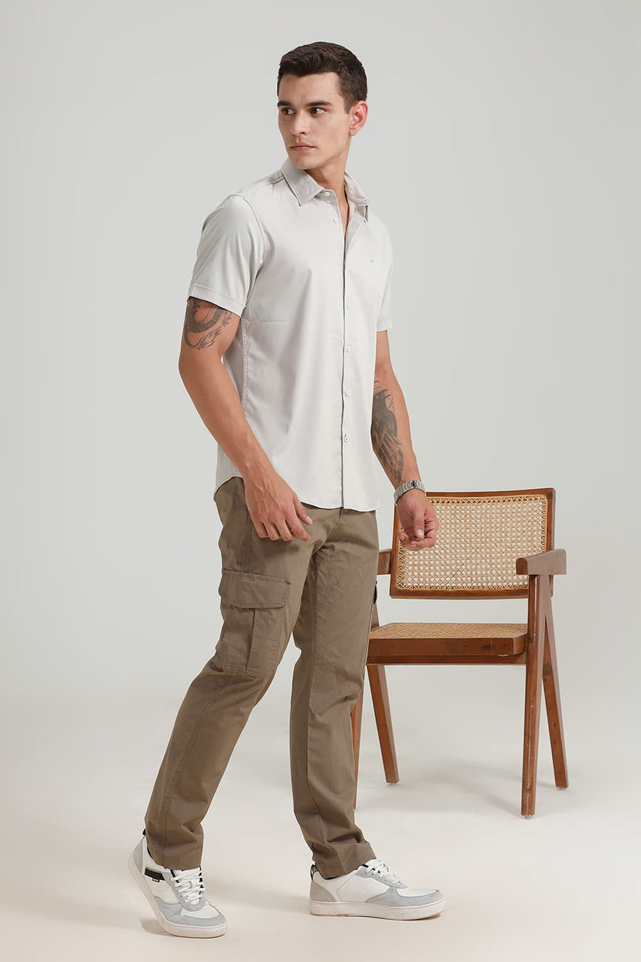 BASICS SLIM FIT MOONSTRUCK GREY BAMBOO POLYESTER STRETCH HALFSLEEVES SHIRT