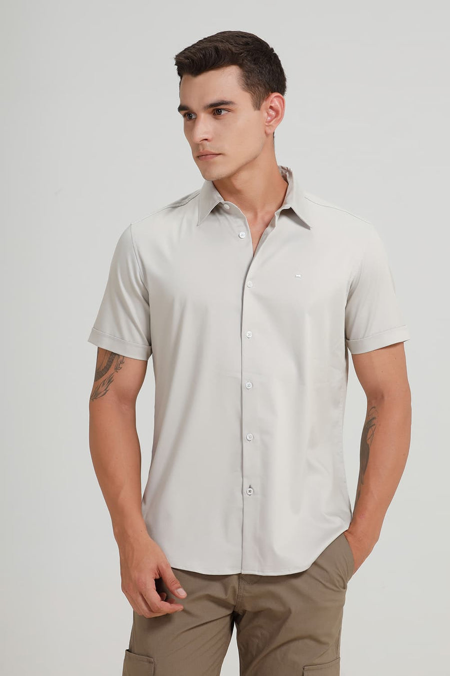 BASICS SLIM FIT MOONSTRUCK GREY BAMBOO POLYESTER STRETCH HALFSLEEVES SHIRT
