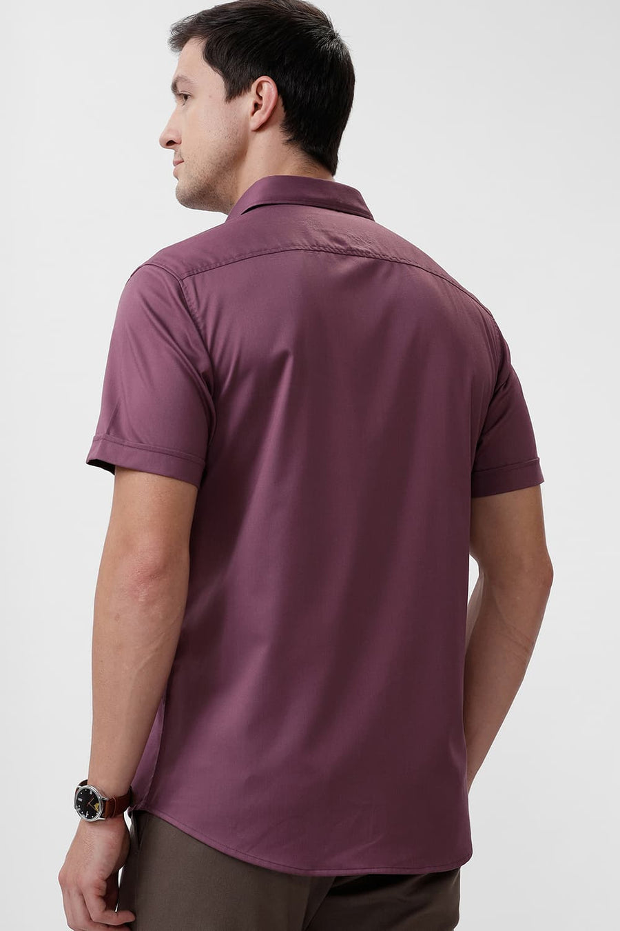 BASICS SLIM FIT PURPLE GRAPE BAMBOO POLYESTER STRETCH HALFSLEEVES SHIRT
