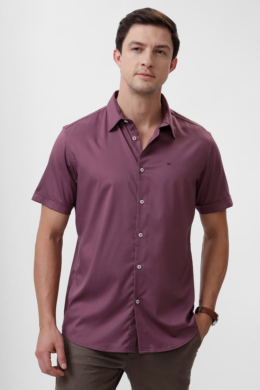 BASICS SLIM FIT PURPLE GRAPE BAMBOO POLYESTER STRETCH HALFSLEEVES SHIRT