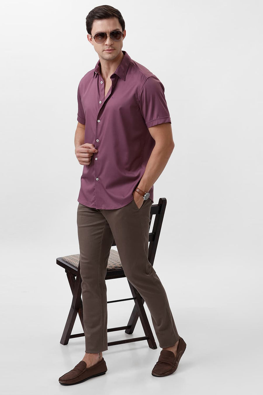 BASICS SLIM FIT PURPLE GRAPE BAMBOO POLYESTER STRETCH HALFSLEEVES SHIRT