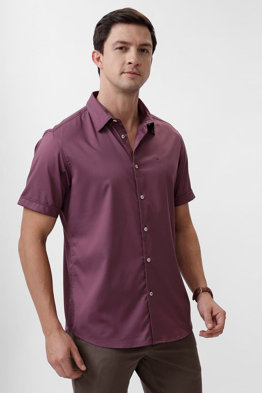 BASICS SLIM FIT PURPLE GRAPE BAMBOO POLYESTER STRETCH HALFSLEEVES SHIRT
