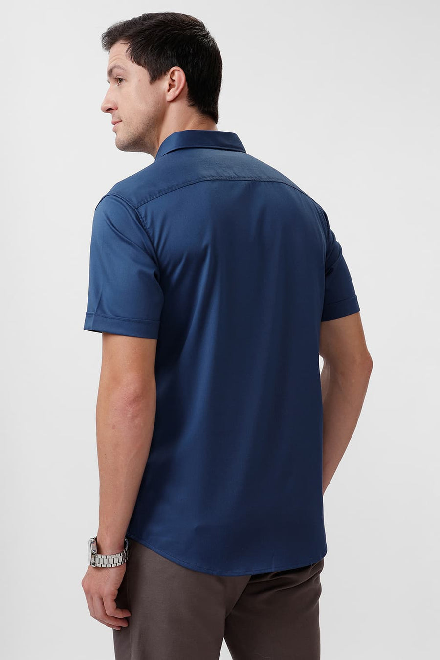 BASICS SLIM FIT MOROCCAN NAVY BAMBOO POLYESTER STRETCH HALFSLEEVES SHIRT
