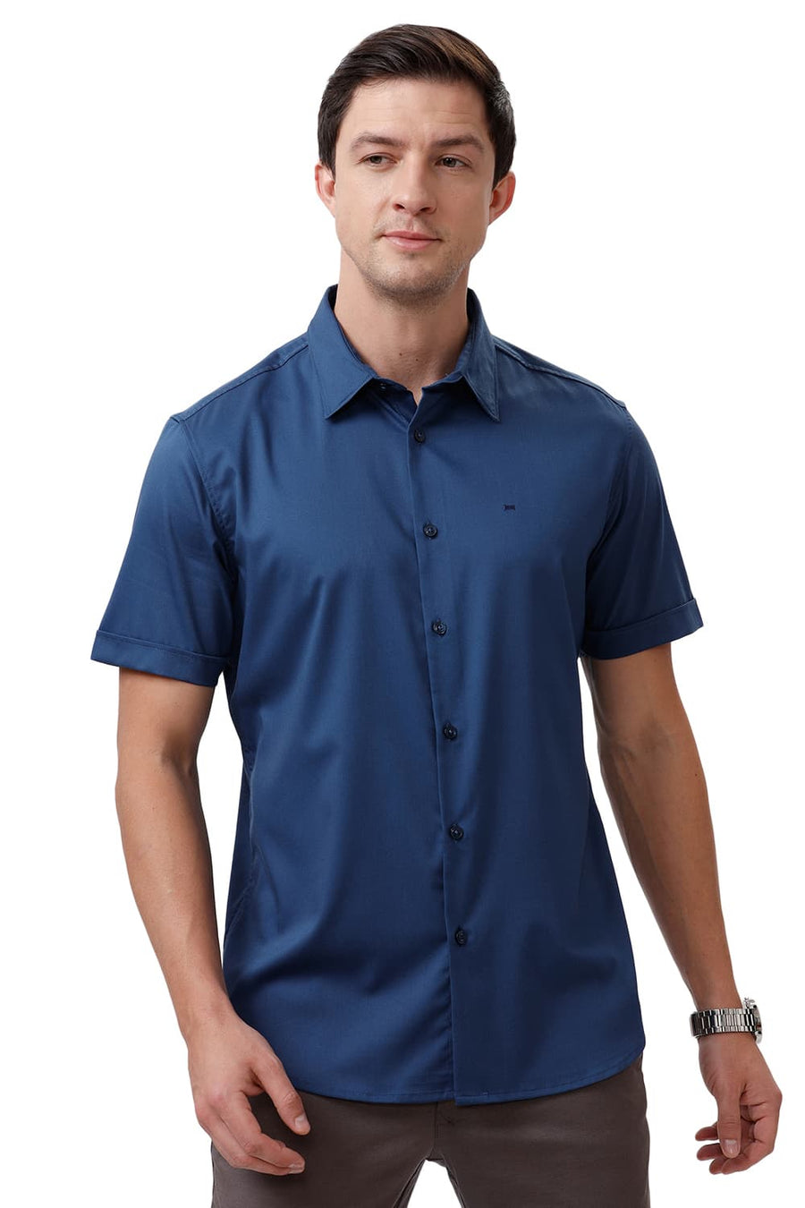BASICS SLIM FIT MOROCCAN NAVY BAMBOO POLYESTER STRETCH HALFSLEEVES SHIRT