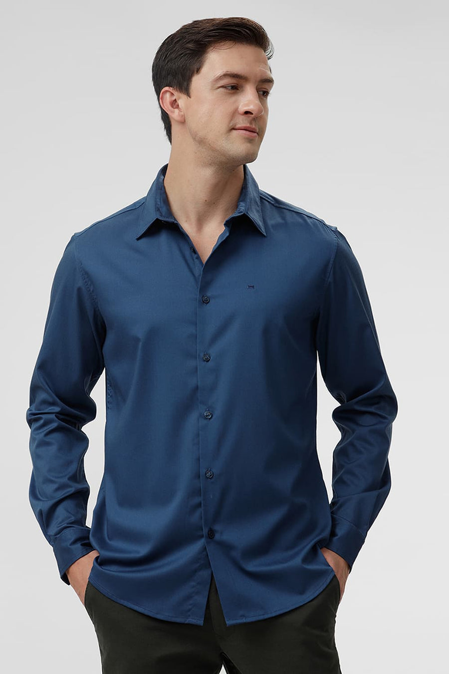 BASICS SLIM FIT MOROCCAN NAVY BAMBOO POLYESTER STRETCH SHIRT