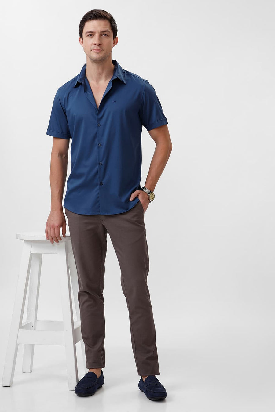 BASICS SLIM FIT MOROCCAN NAVY BAMBOO POLYESTER STRETCH HALFSLEEVES SHIRT