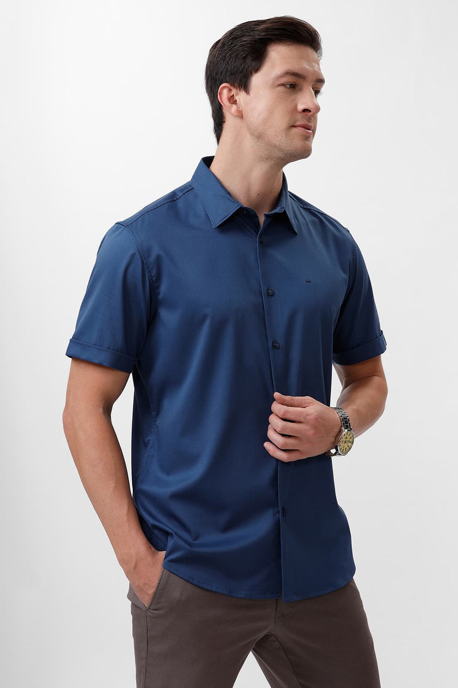 BASICS SLIM FIT MOROCCAN NAVY BAMBOO POLYESTER STRETCH HALFSLEEVES SHIRT