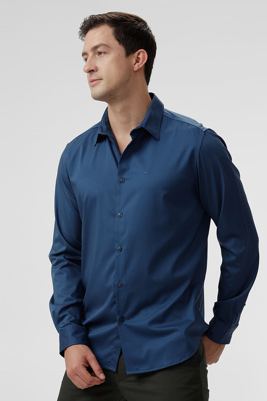 BASICS SLIM FIT MOROCCAN NAVY BAMBOO POLYESTER STRETCH SHIRT