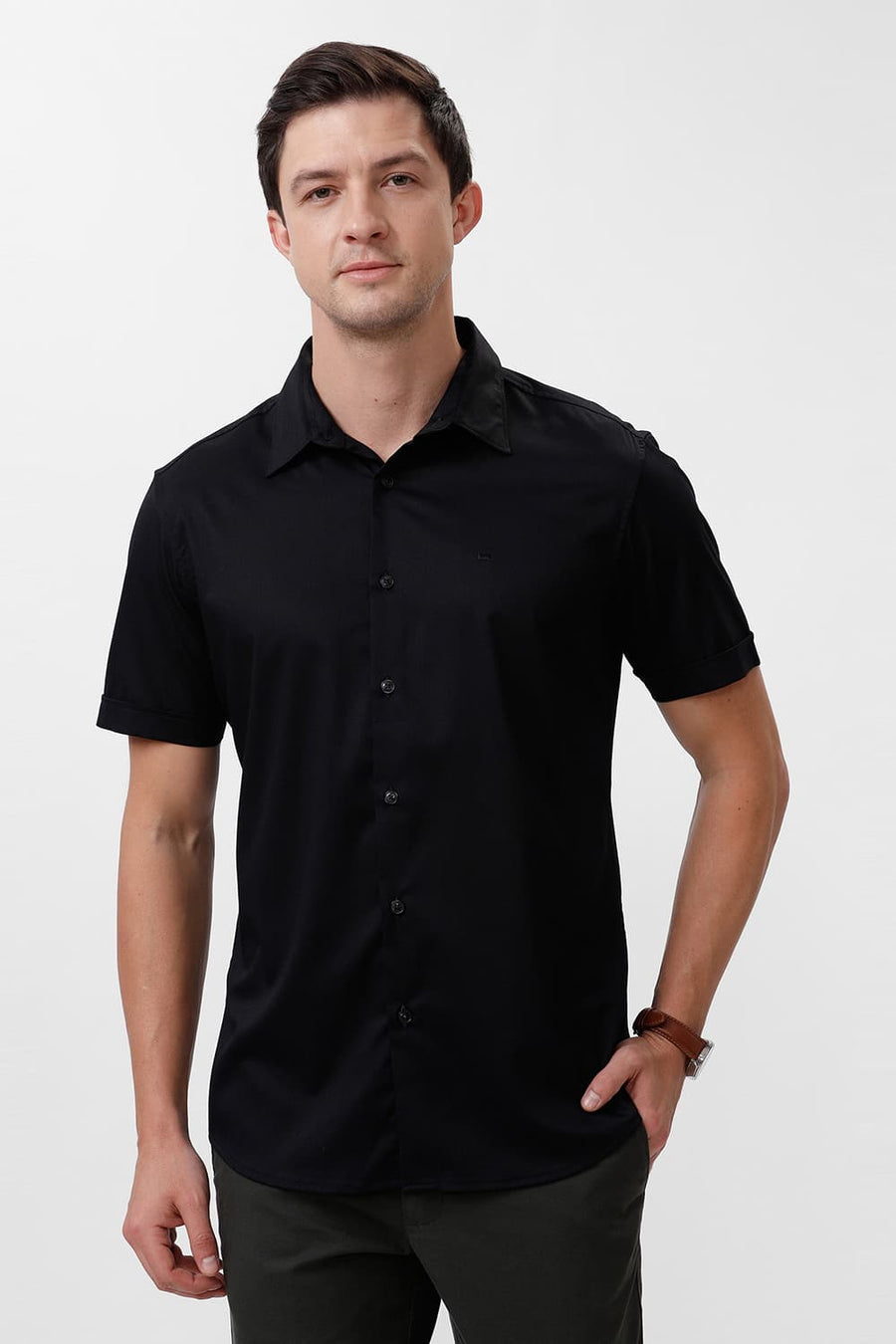 BASICS SLIM FIT BRISTOL BLACK BAMBOO POLYESTER STRETCH HALFSLEEVES SHIRT
