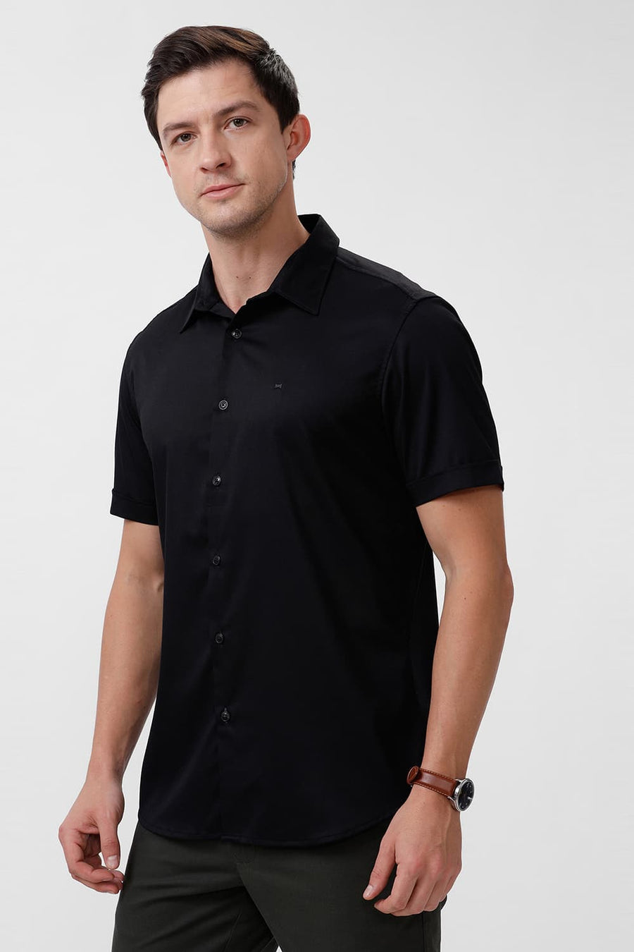 BASICS SLIM FIT BRISTOL BLACK BAMBOO POLYESTER STRETCH HALFSLEEVES SHIRT